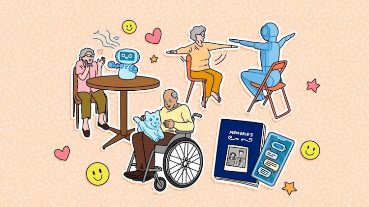 As Singapore edges toward a super-aged society, experts say the real promise of using technology and AI in eldercare lies in preventing health problems. (Illustration: CNA/Nurjannah Suhaimi)